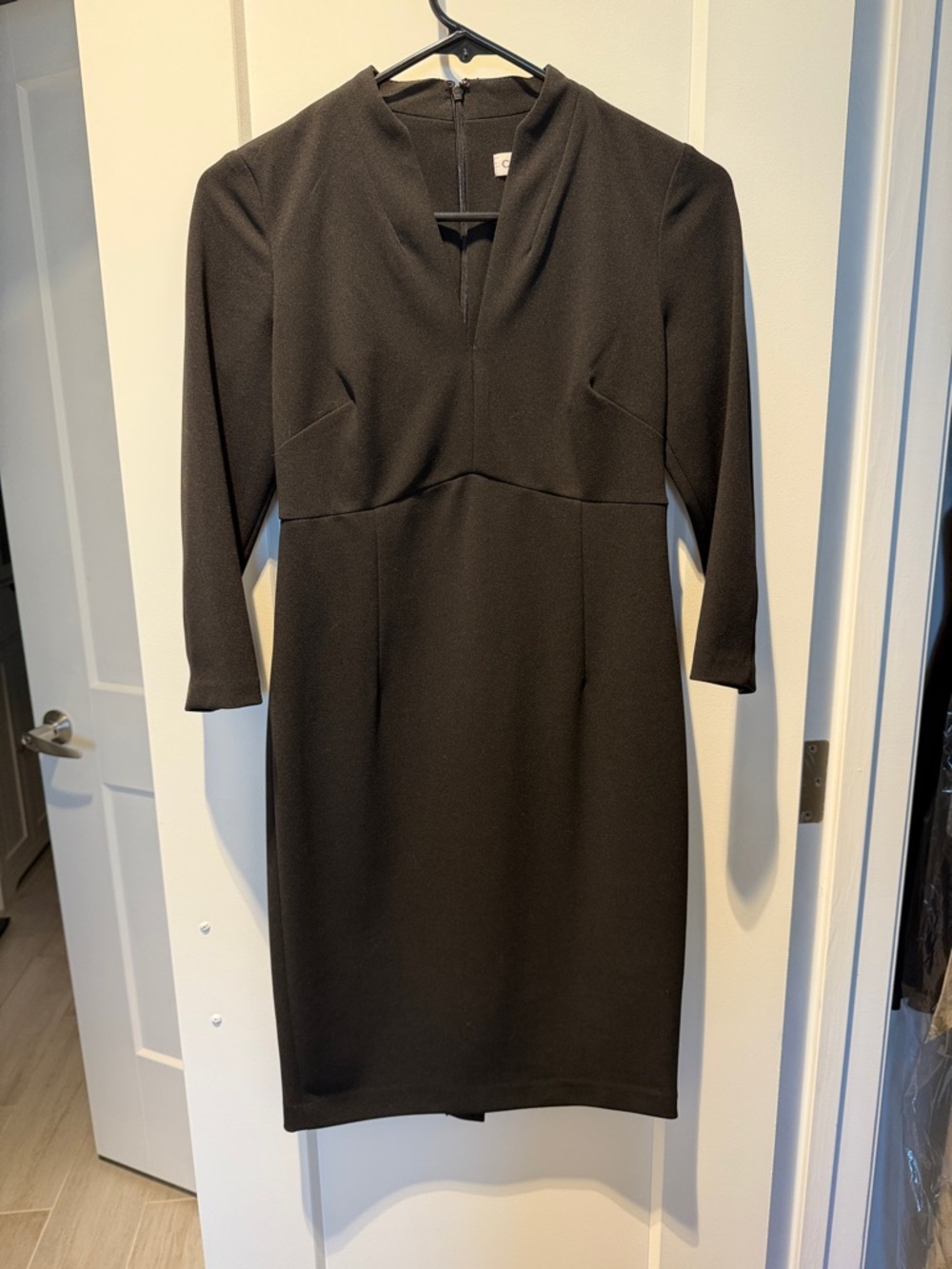 Calvin Klein Black Midi Sheath Dress with V-Notch Neck